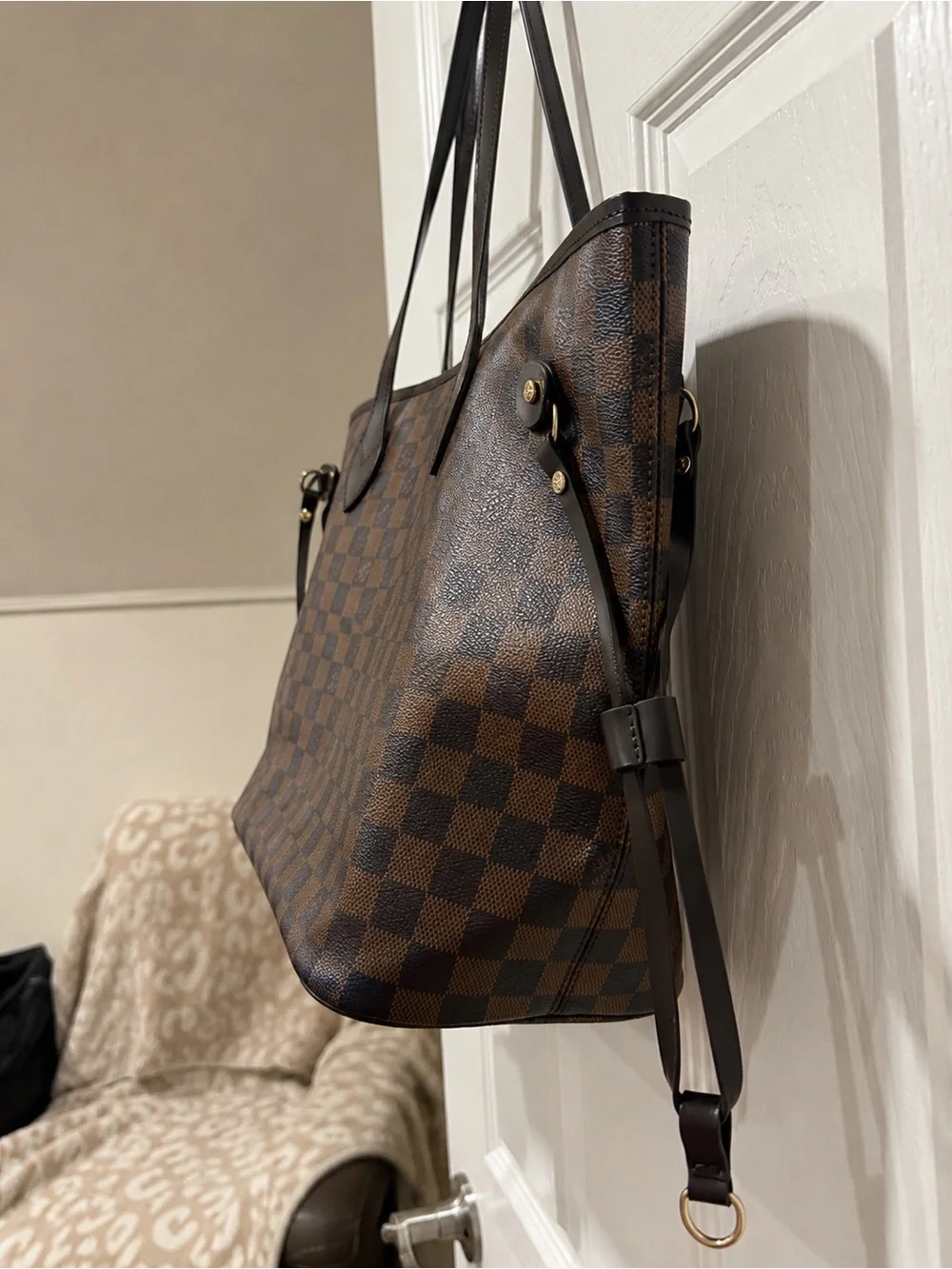 Louis Vuitton Red Striped Interior Tote with Black Trim and Gold Hardware